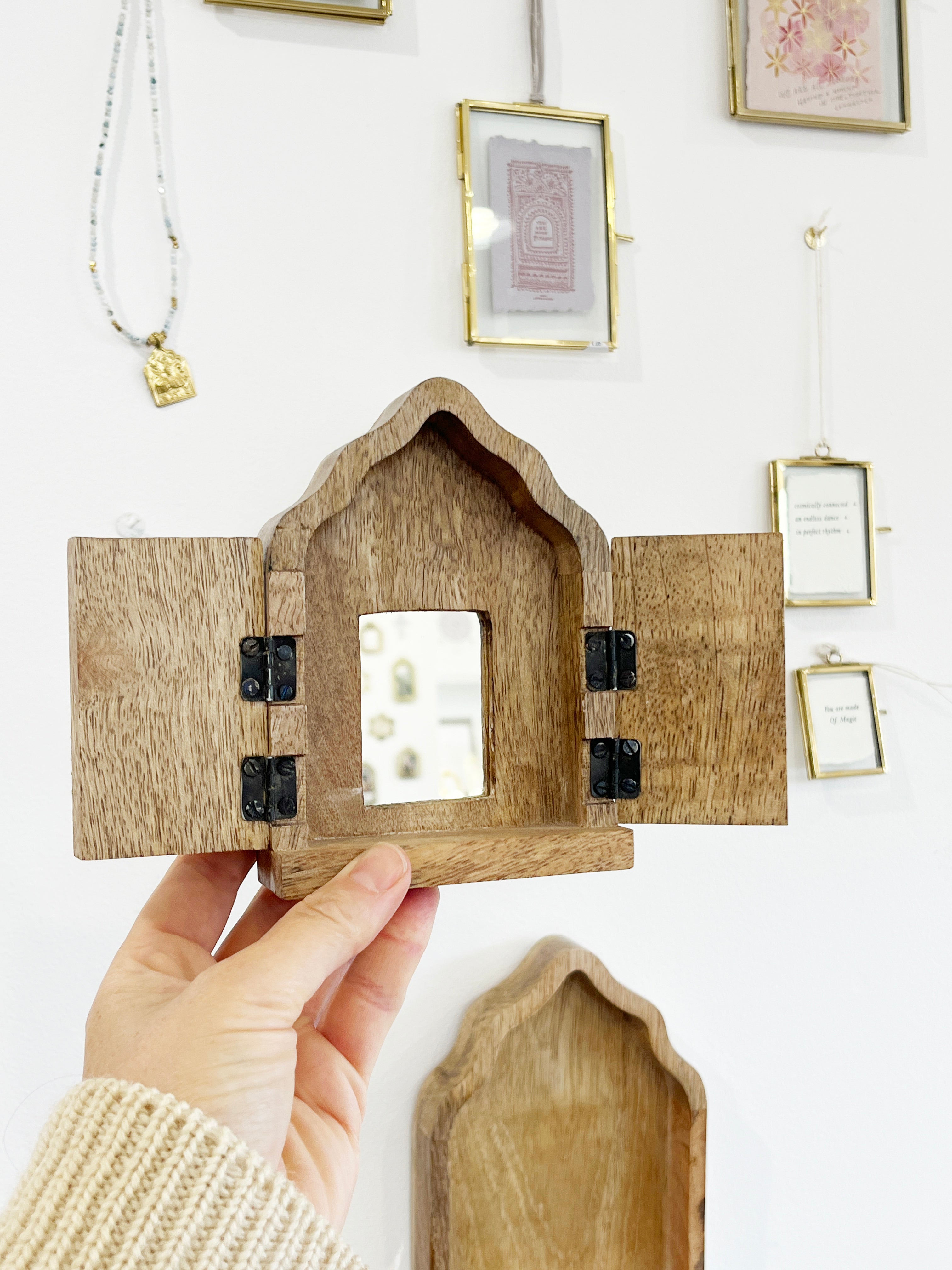 Wooden Sanctuary with doors and mirror